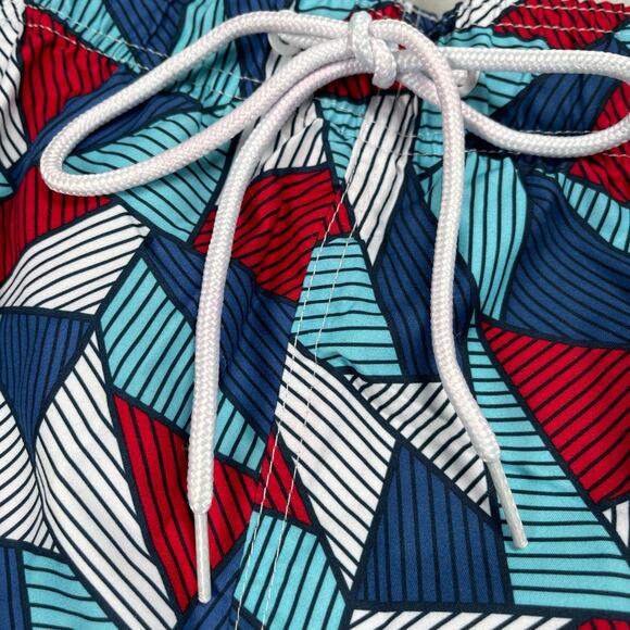 Shark Triangle Print Swim Trunks Men 3XL 48-50 Above The Knee 6" Inseam Blue Red - Picture 2 of 10